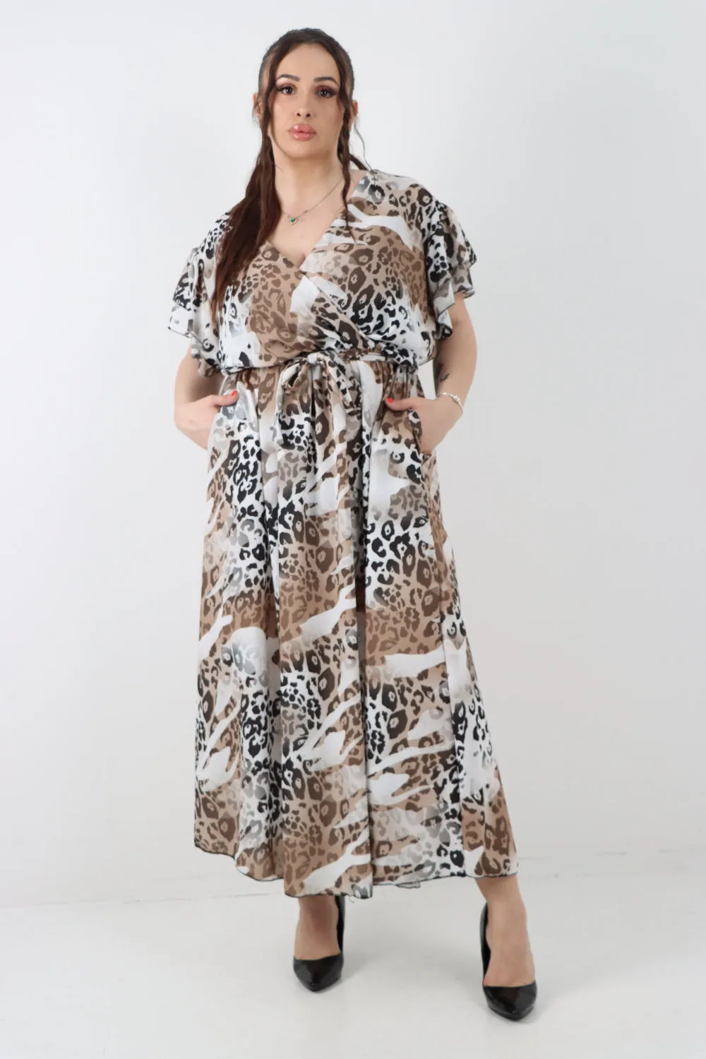 Italian Cheetah Print Wrap Tie Fasten Frill Sleeve Maxi Dress