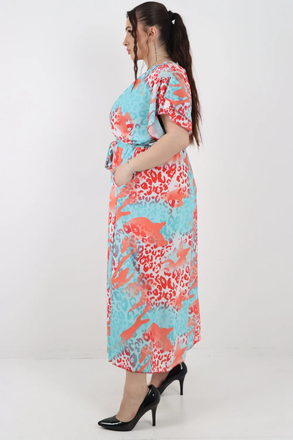 Italian Cheetah Print Wrap Tie Fasten Frill Sleeve Maxi Dress