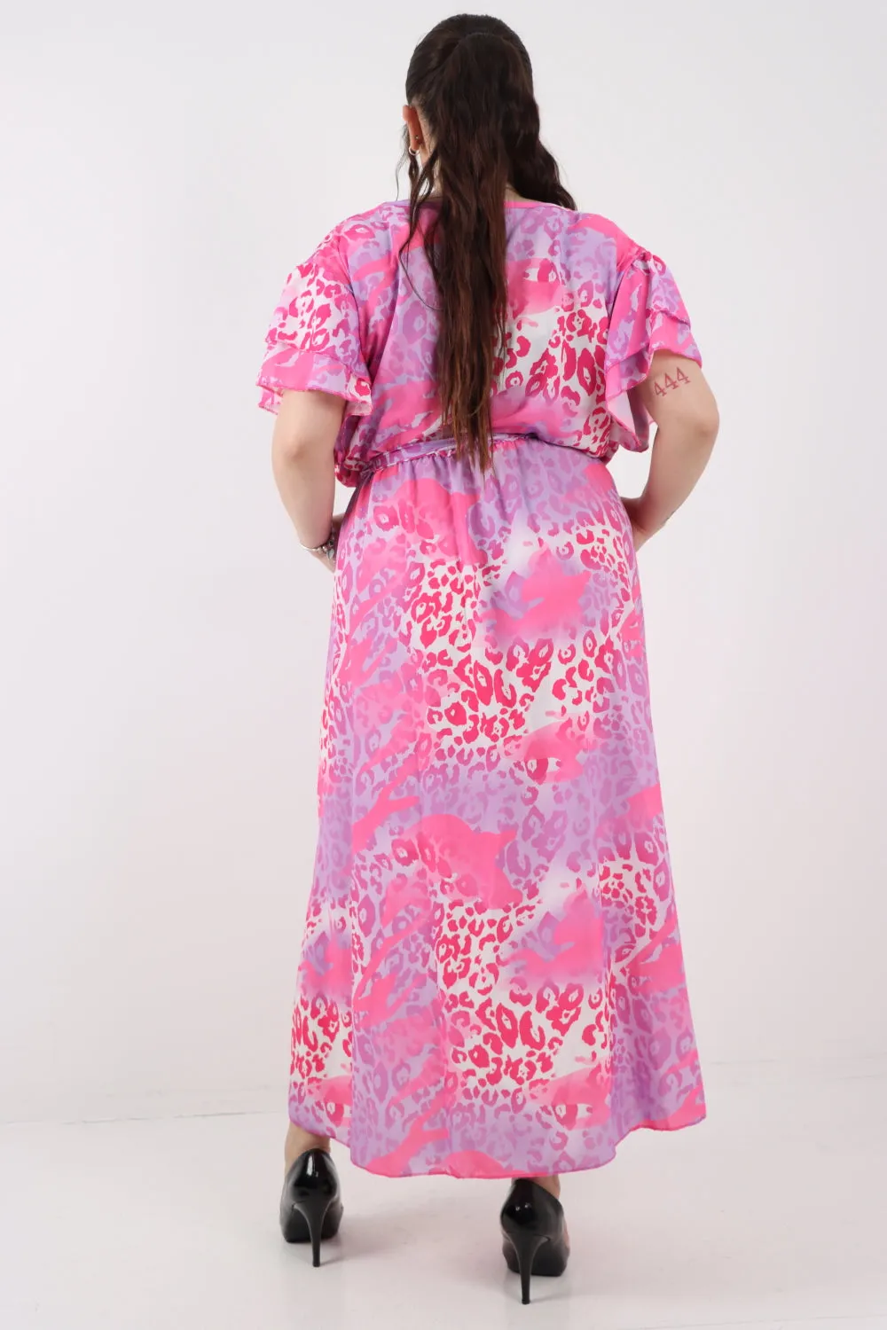 Italian Cheetah Print Wrap Tie Fasten Frill Sleeve Maxi Dress