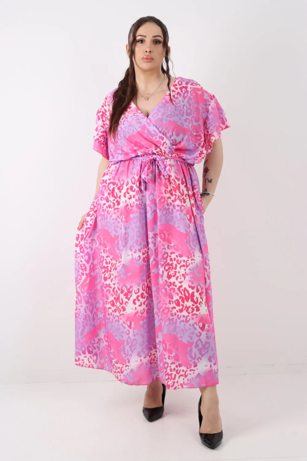 Italian Cheetah Print Wrap Tie Fasten Frill Sleeve Maxi Dress
