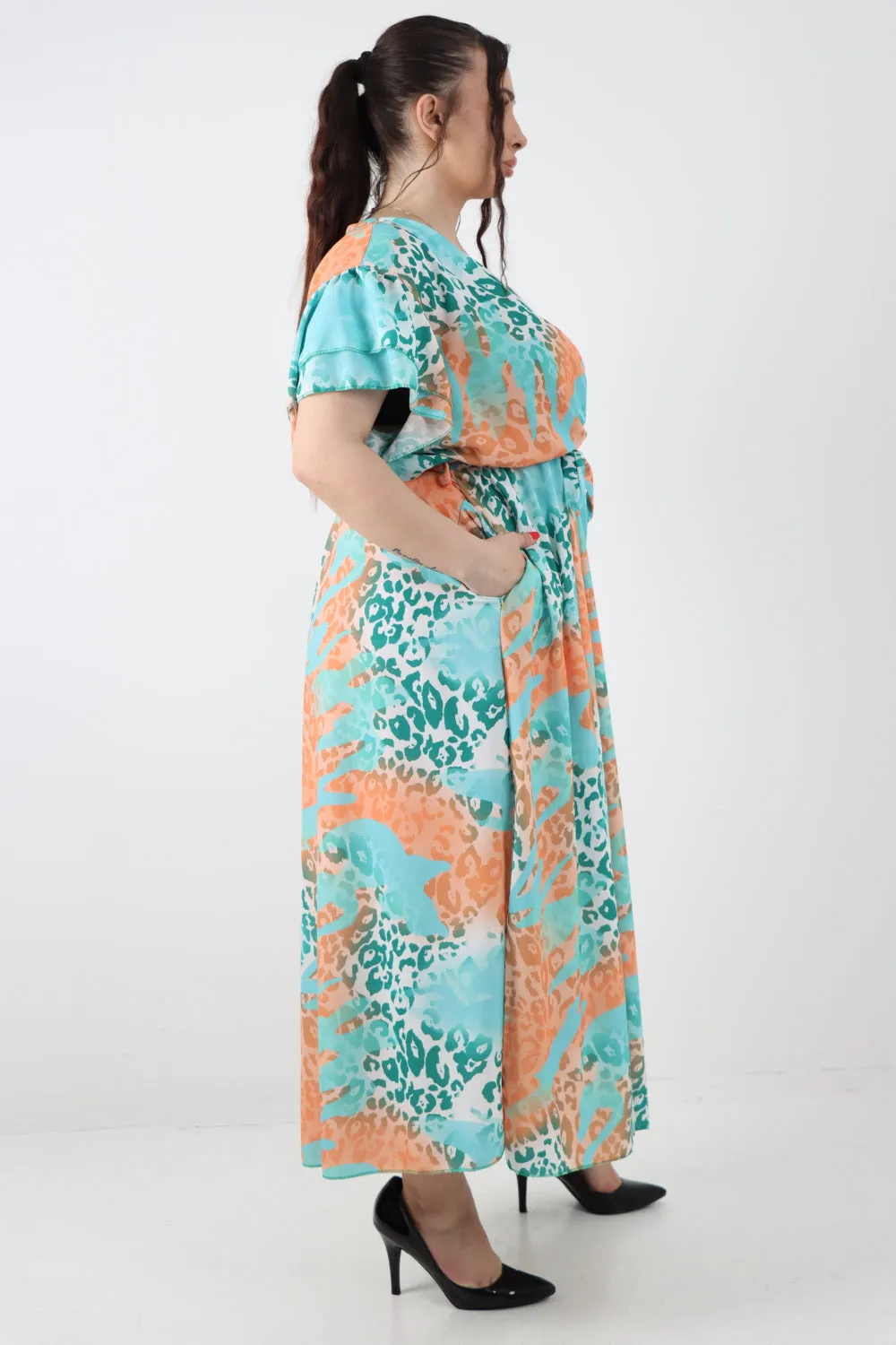 Italian Cheetah Print Wrap Tie Fasten Frill Sleeve Maxi Dress