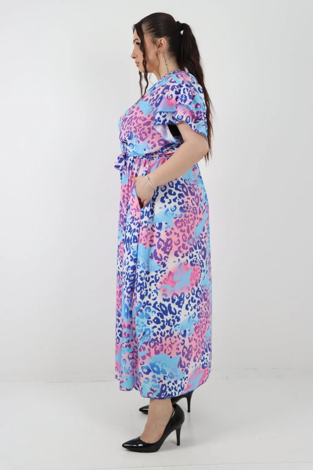 Italian Cheetah Print Wrap Tie Fasten Frill Sleeve Maxi Dress