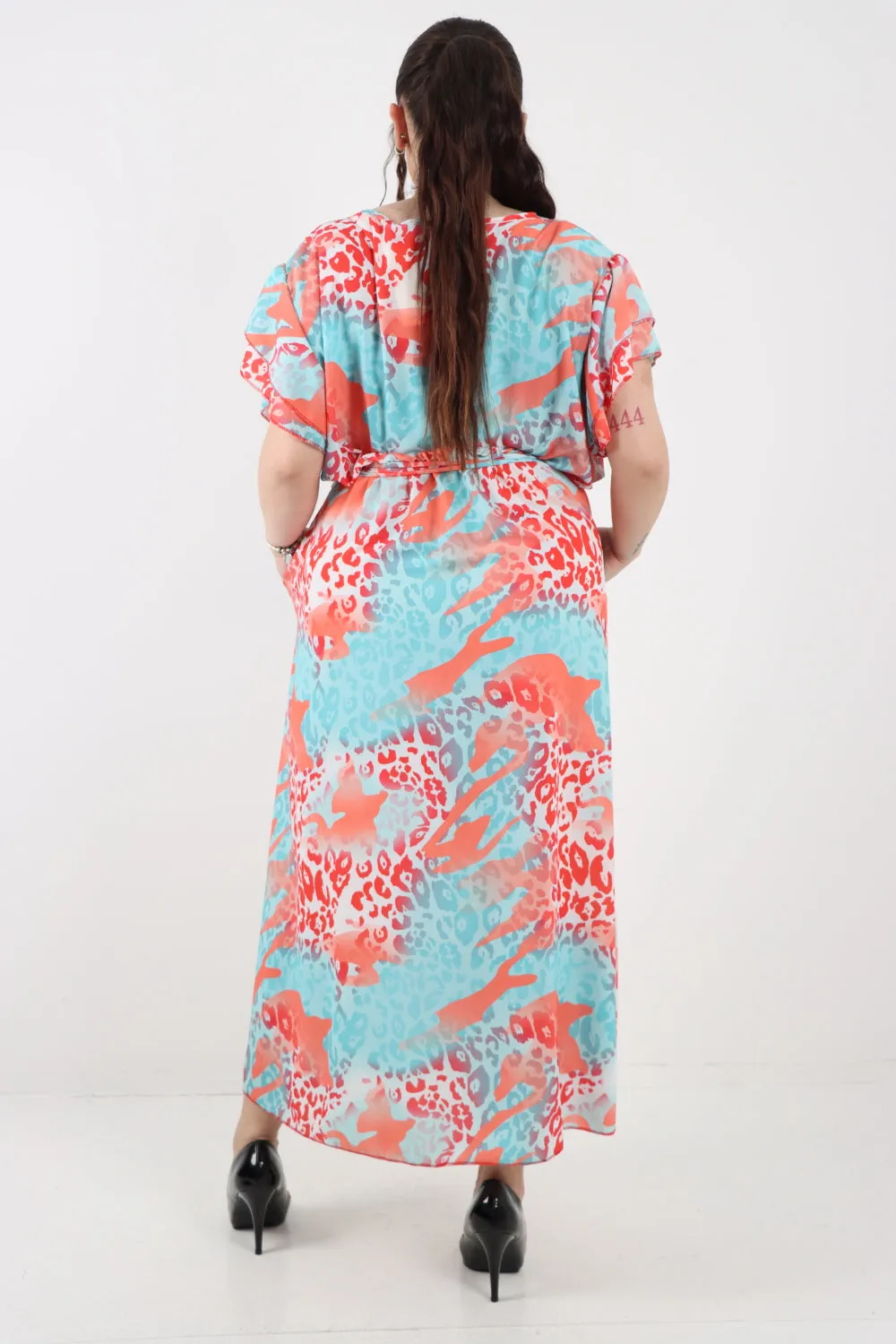 Italian Cheetah Print Wrap Tie Fasten Frill Sleeve Maxi Dress