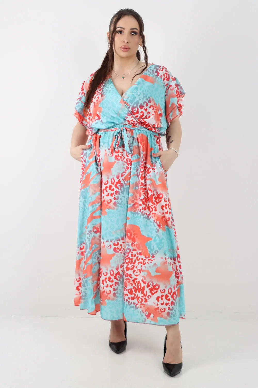 Italian Cheetah Print Wrap Tie Fasten Frill Sleeve Maxi Dress