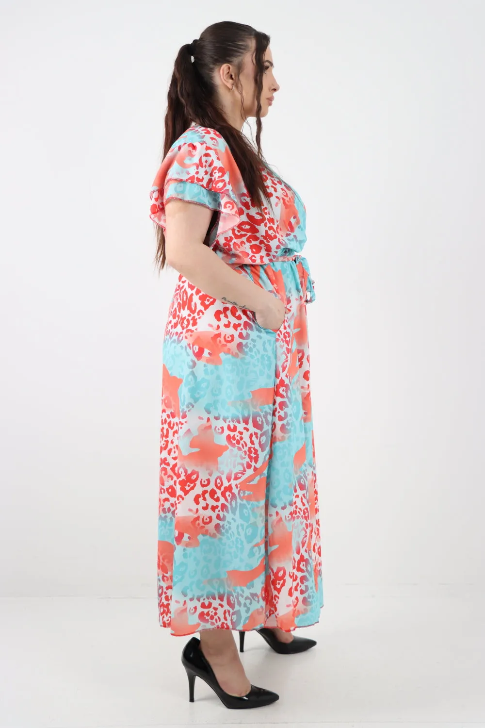 Italian Cheetah Print Wrap Tie Fasten Frill Sleeve Maxi Dress
