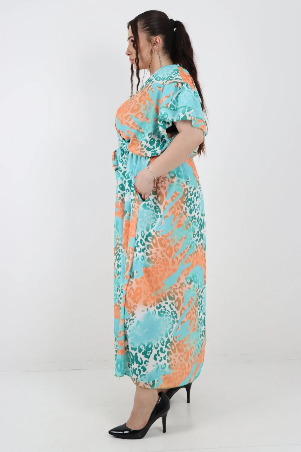 Italian Cheetah Print Wrap Tie Fasten Frill Sleeve Maxi Dress