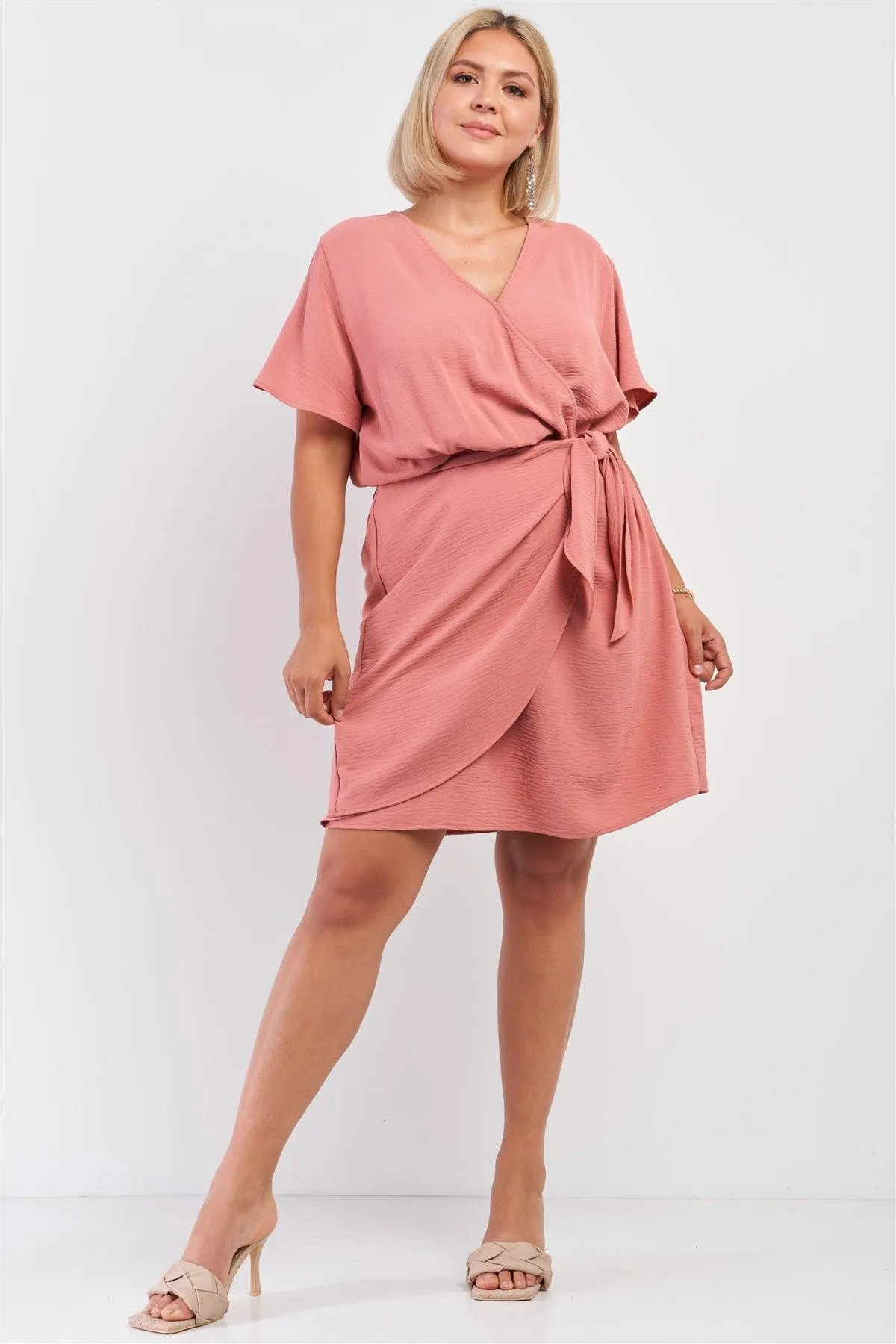 Junior Plus Blush Wrap Front Self-Tie Waist Mini Dress /3-2-1