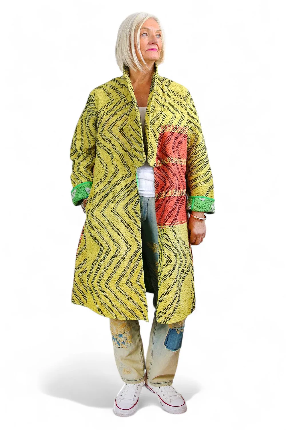 KANTHA COAT YELLOW LIME GEO PATCHWORK