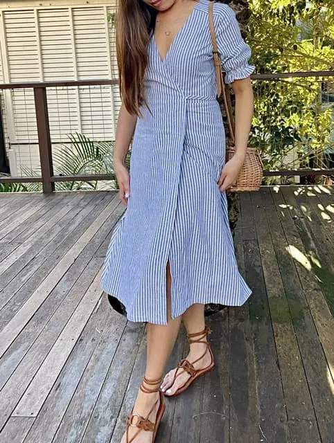 Lia Indigo Stripe Linen Wrap Dress