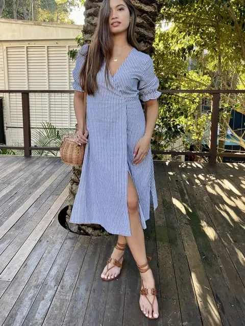 Lia Indigo Stripe Linen Wrap Dress