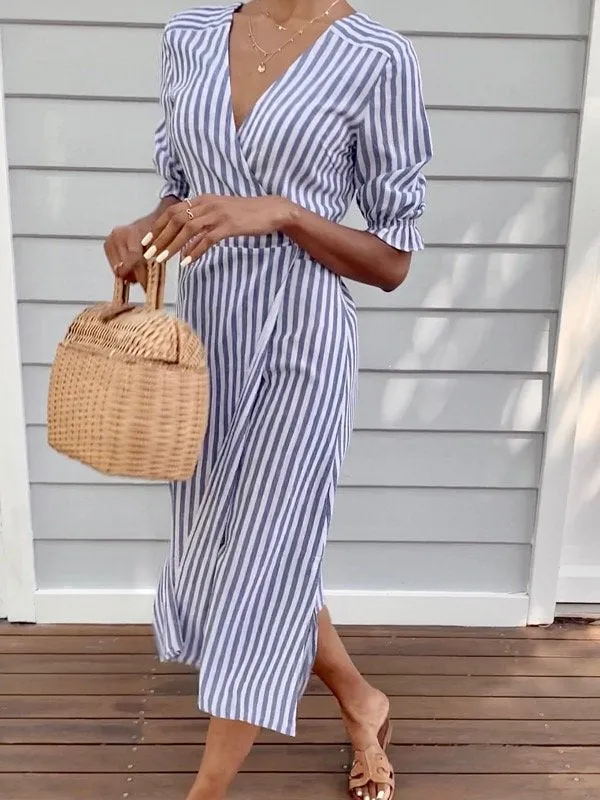 Lia Indigo Stripe Linen Wrap Dress