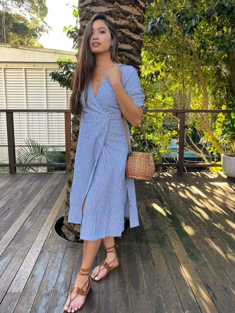 Lia Indigo Stripe Linen Wrap Dress