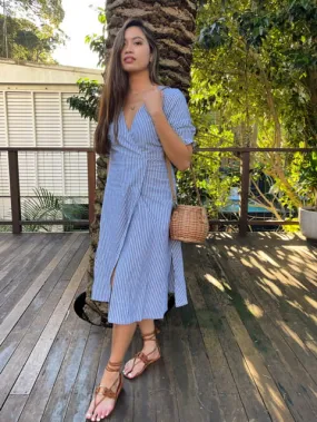 Lia Indigo Stripe Linen Wrap Dress