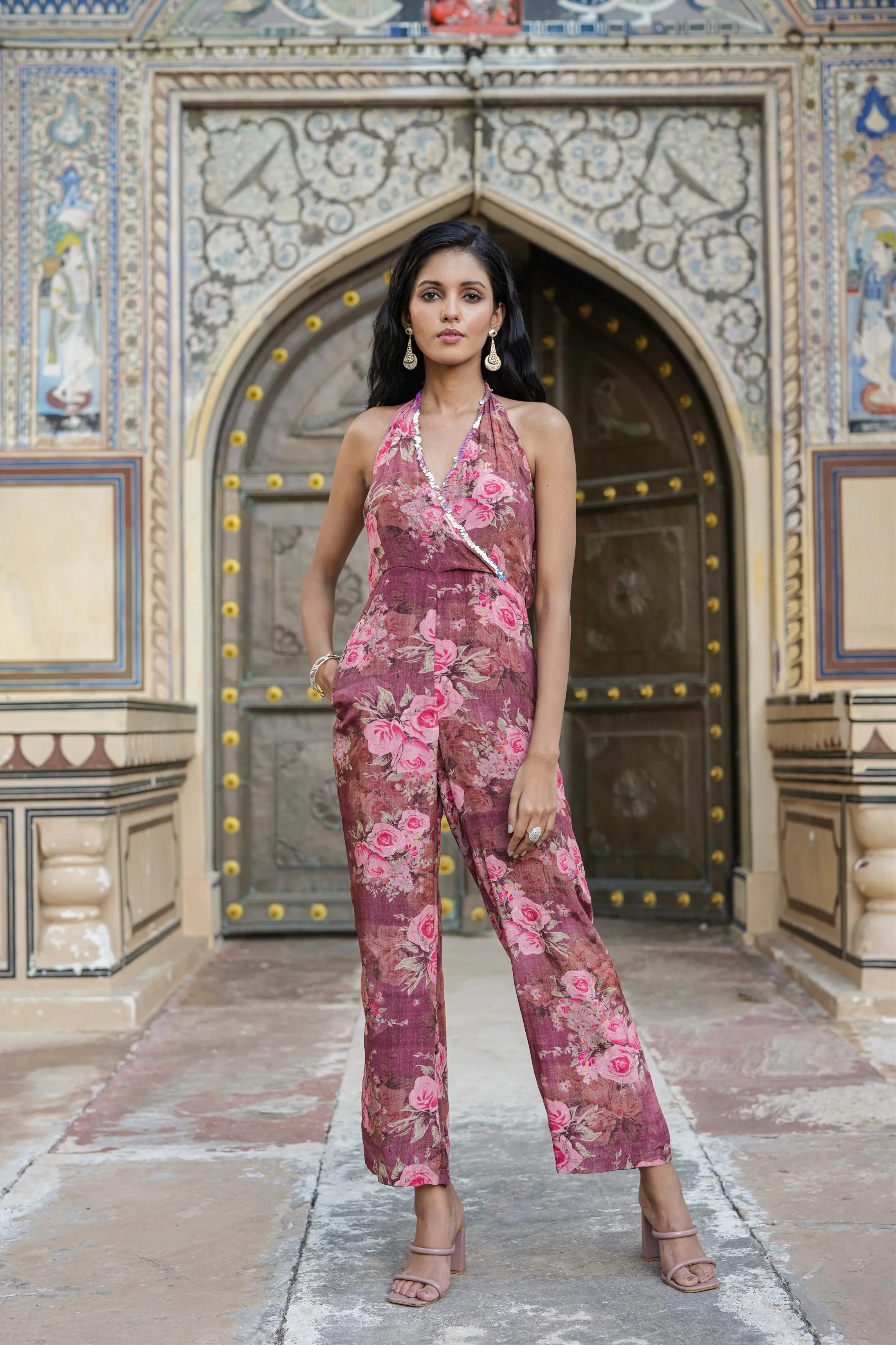 Mauve Crepe Silk Floral-Solid Jumpsuit With Cape