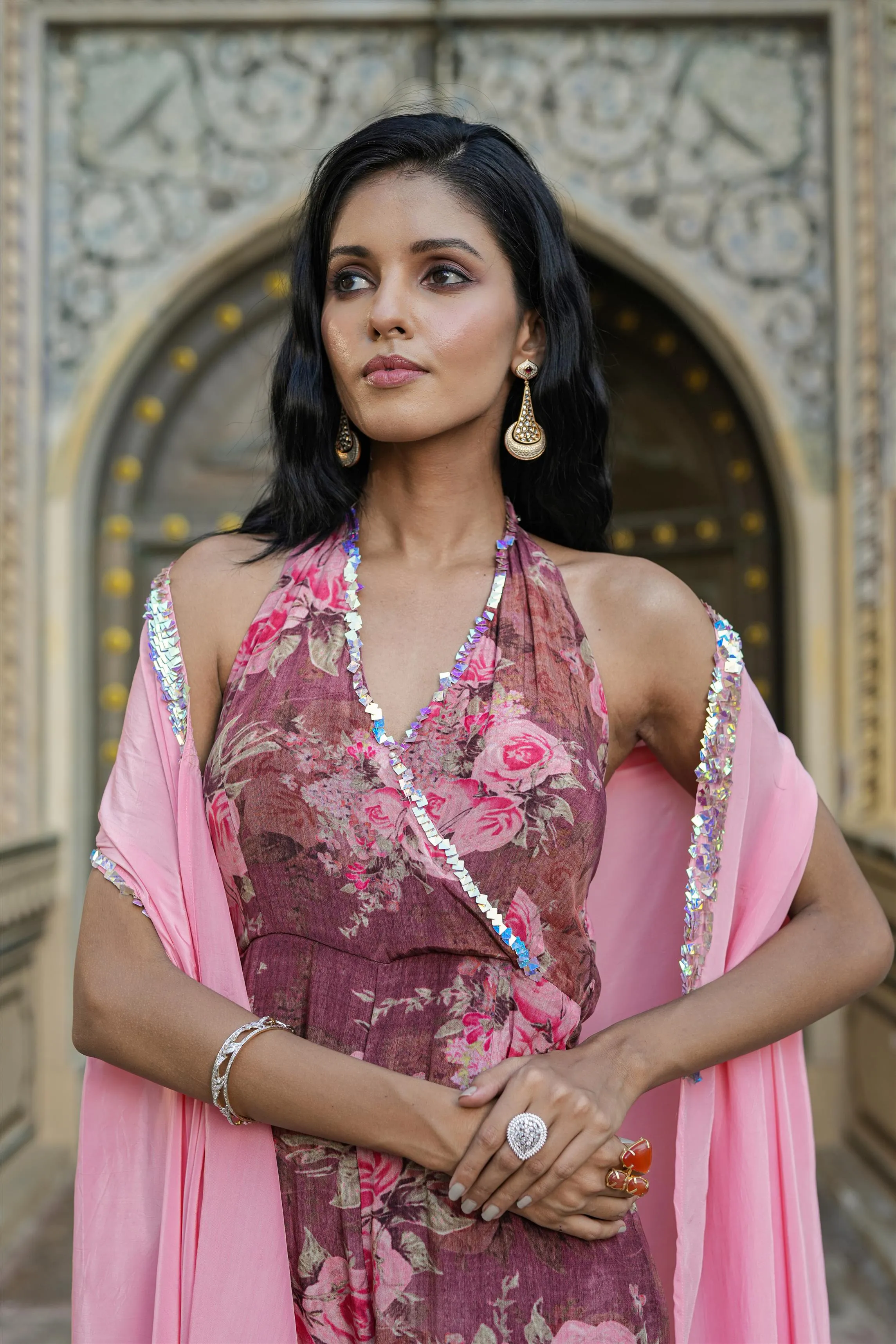 Mauve Crepe Silk Floral-Solid Jumpsuit With Cape