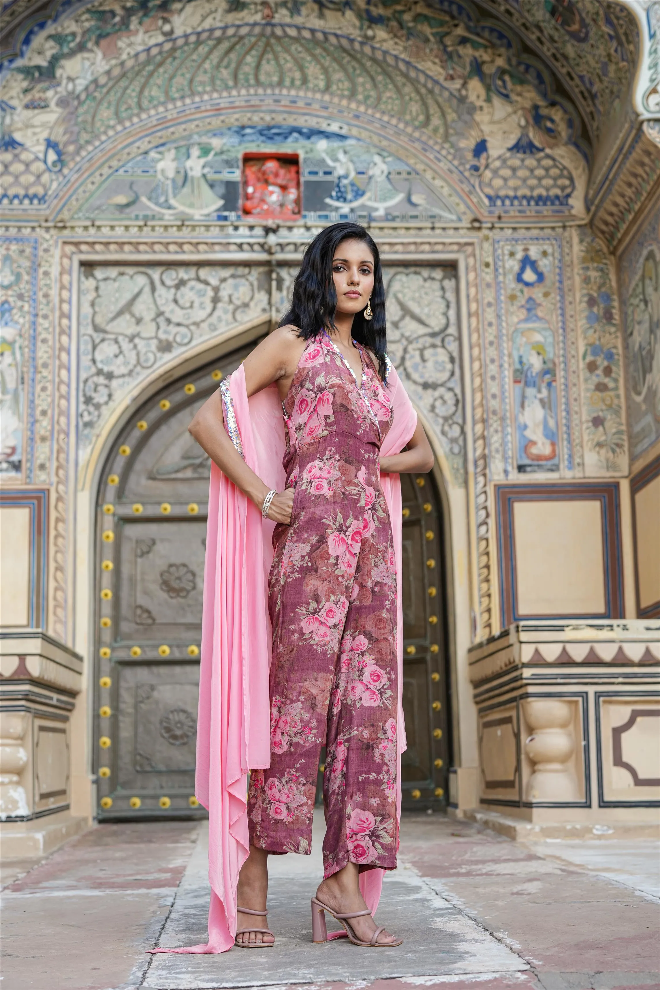 Mauve Crepe Silk Floral-Solid Jumpsuit With Cape