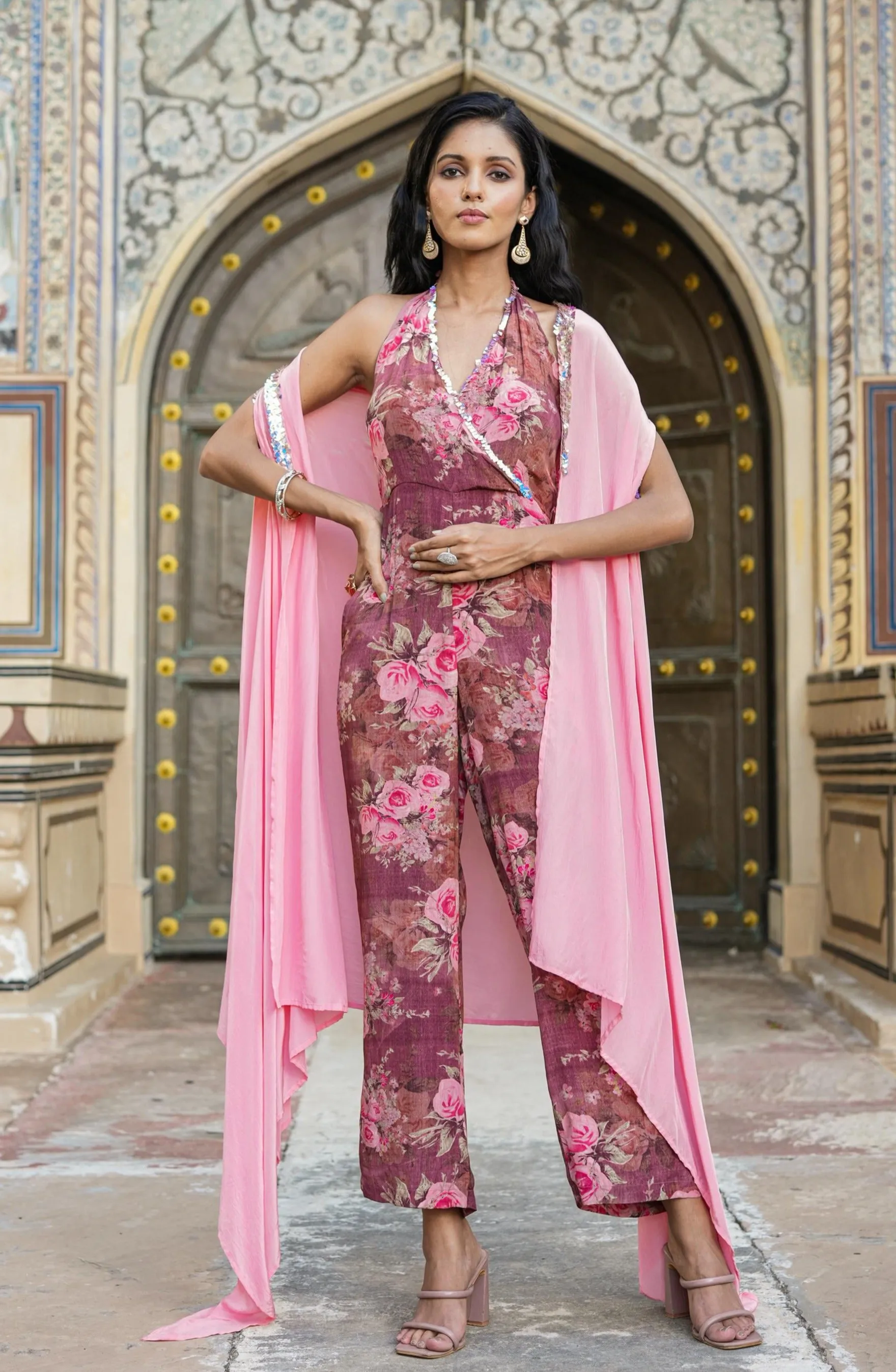 Mauve Crepe Silk Floral-Solid Jumpsuit With Cape