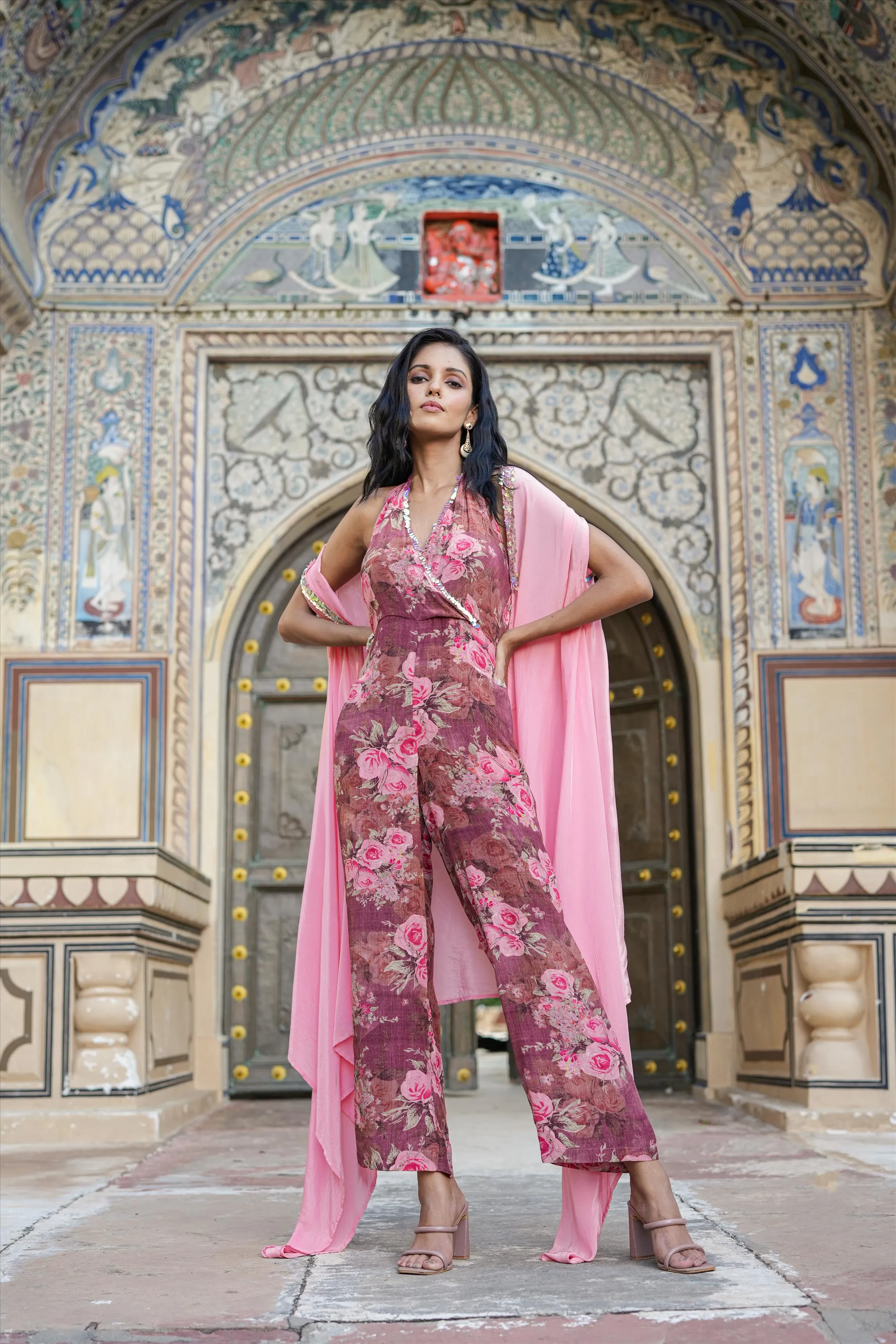 Mauve Crepe Silk Floral-Solid Jumpsuit With Cape