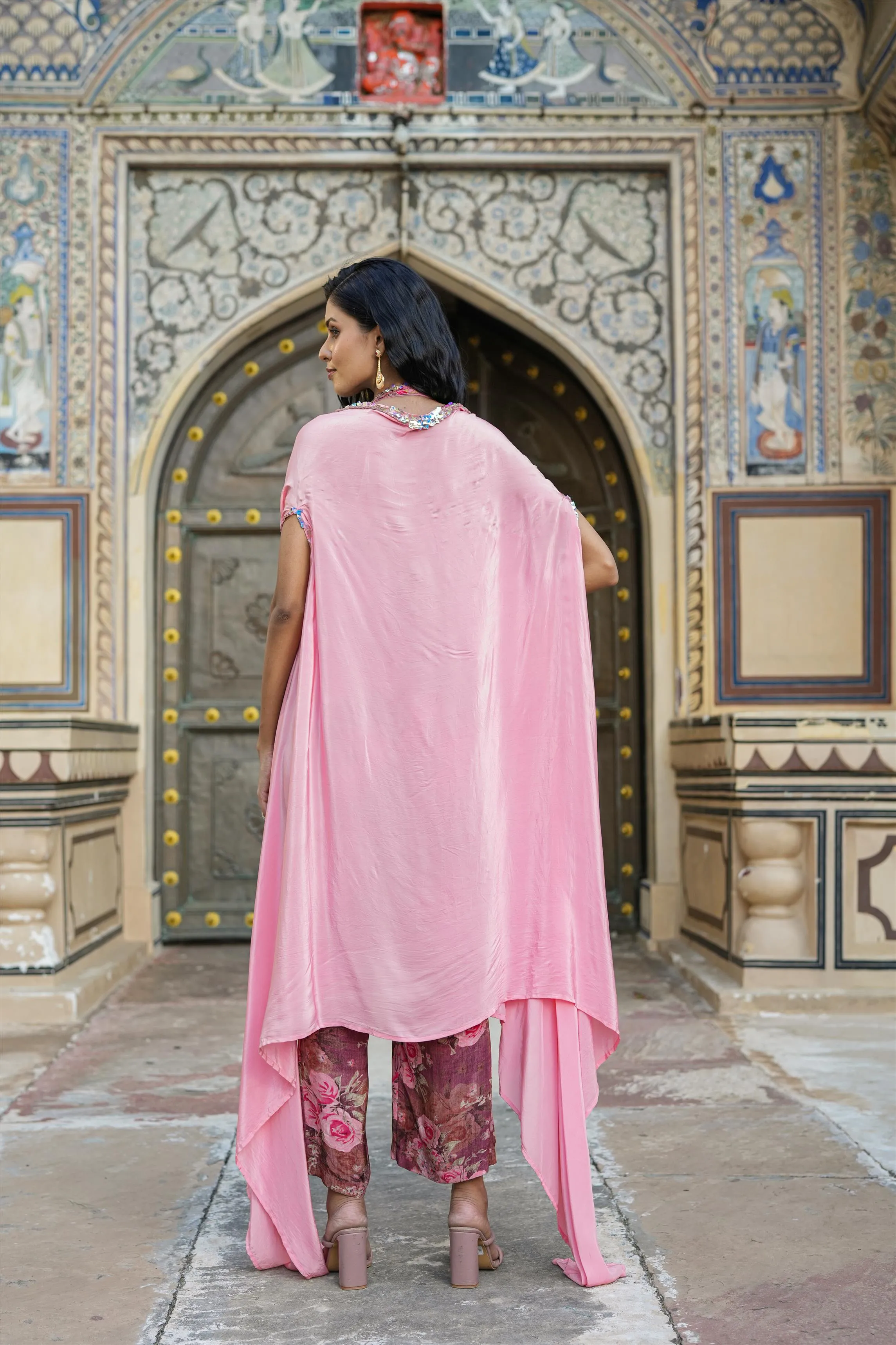 Mauve Crepe Silk Floral-Solid Jumpsuit With Cape