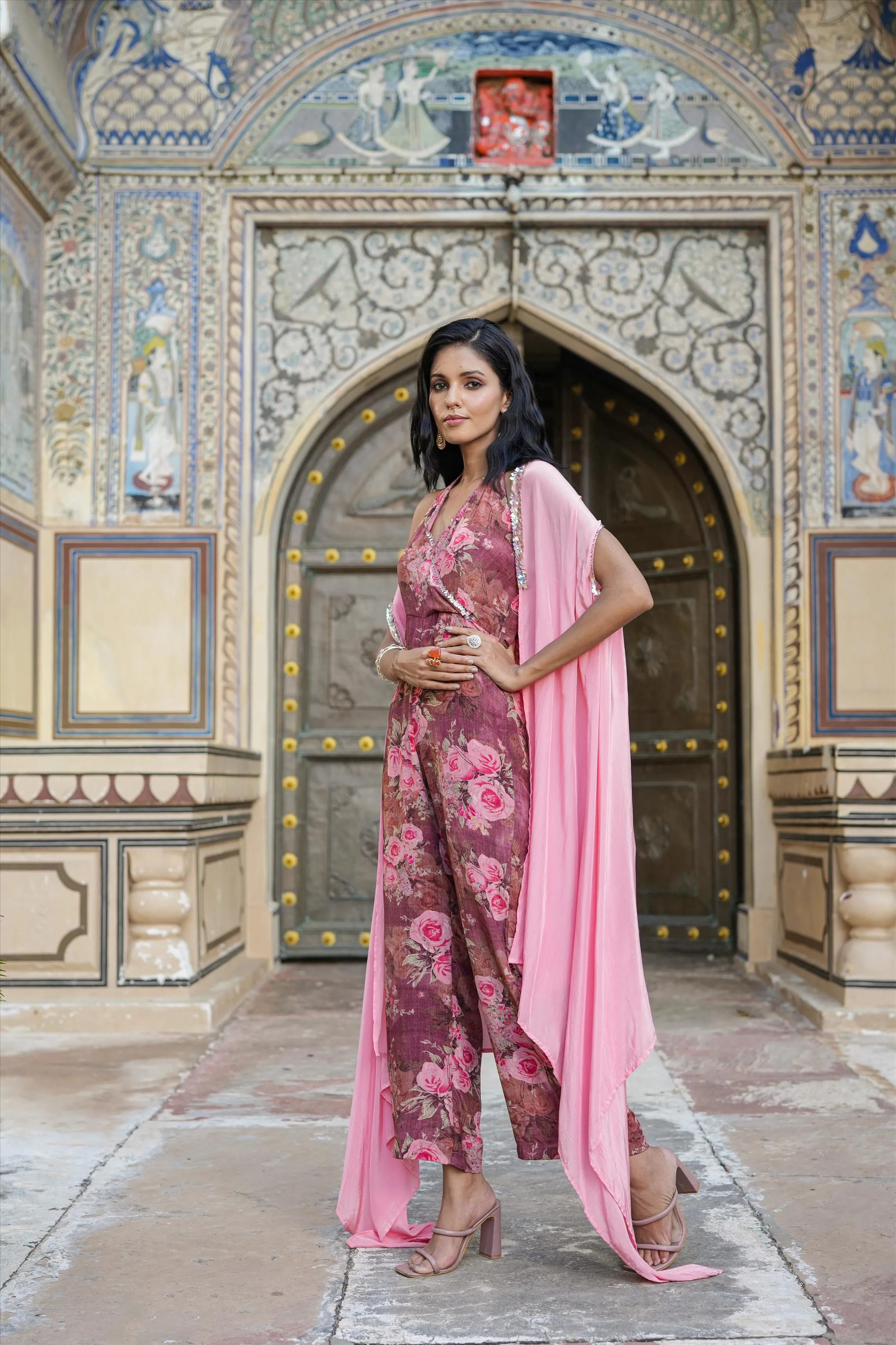 Mauve Crepe Silk Floral-Solid Jumpsuit With Cape