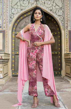 Mauve Crepe Silk Floral-Solid Jumpsuit With Cape