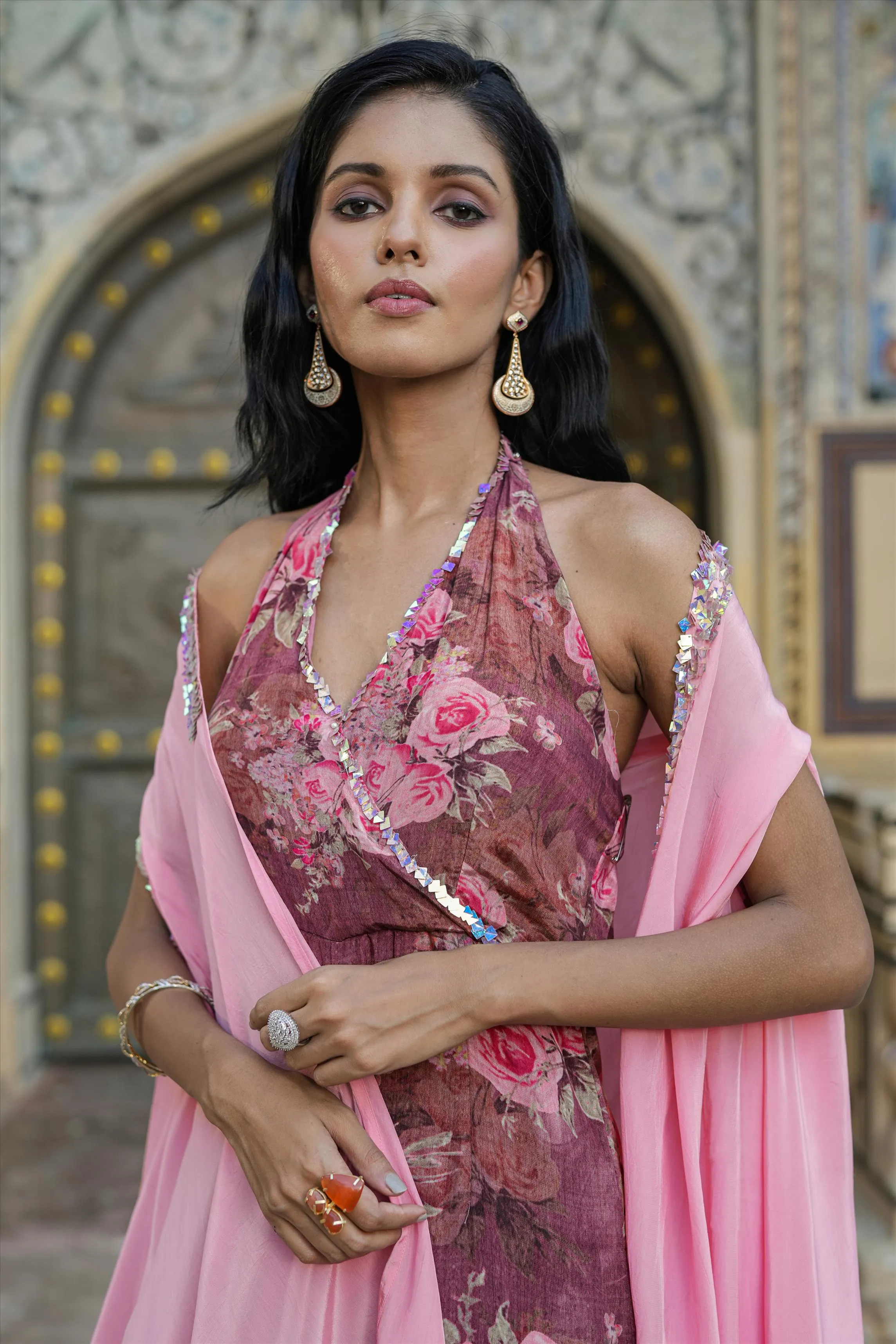 Mauve Crepe Silk Floral-Solid Jumpsuit With Cape