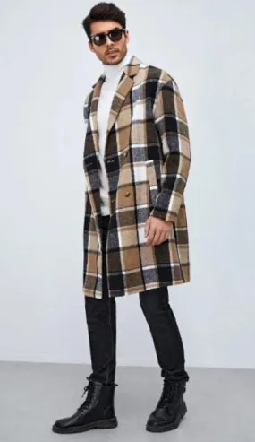 Men Plaid Lapel Neck Double Breasted Overcoat - Wool