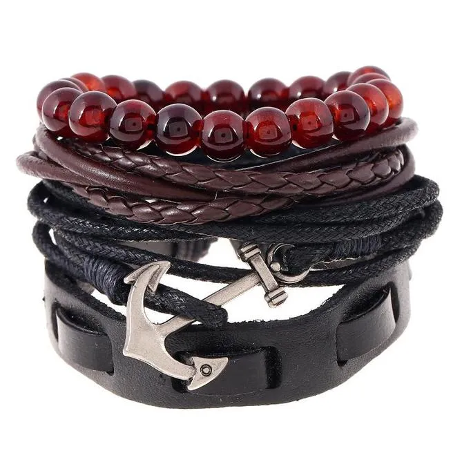Men's Anchor and Tribal Wood Beads Leather Wristband Bracelet 4pcs Set
