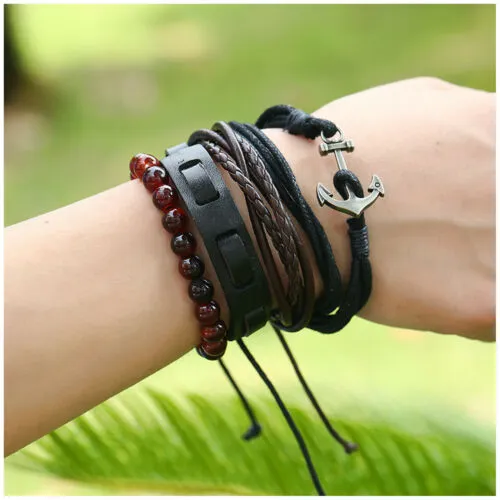 Men's Anchor and Tribal Wood Beads Leather Wristband Bracelet 4pcs Set