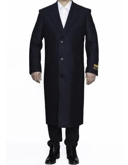 Mens Overcoat -Mens Long Wool Topcoats- Topcoat For Men-Men's Dress Coat Full Length Wool Dress Top Coat / Overcoat In Navy Blue Authentic Reg:$700 Designer Now On Sale
