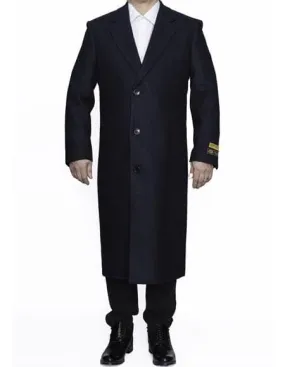 Mens Overcoat -Mens Long Wool Topcoats- Topcoat For Men-Men's Dress Coat Full Length Wool Dress Top Coat / Overcoat In Navy Blue Authentic Reg:$700 Designer Now On Sale