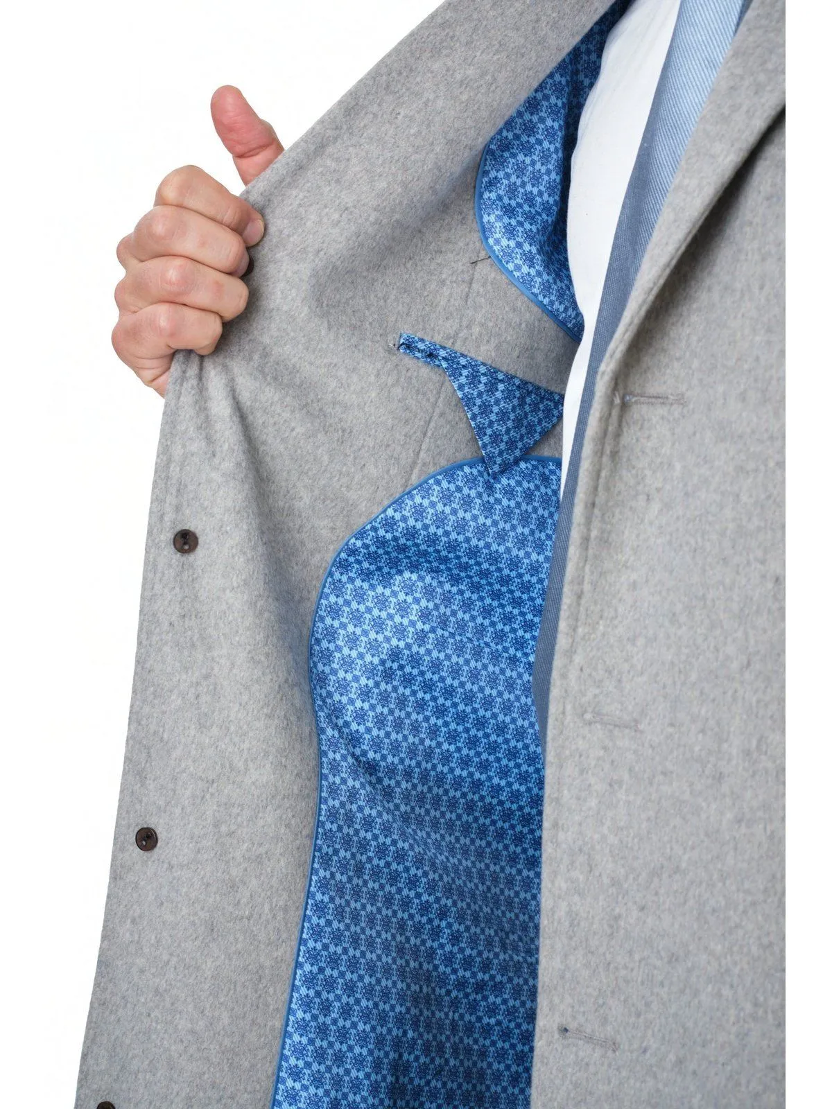 Mens Regular Fit Solid Light Gray Full Length Wool Cashmere Overcoat Top Coat