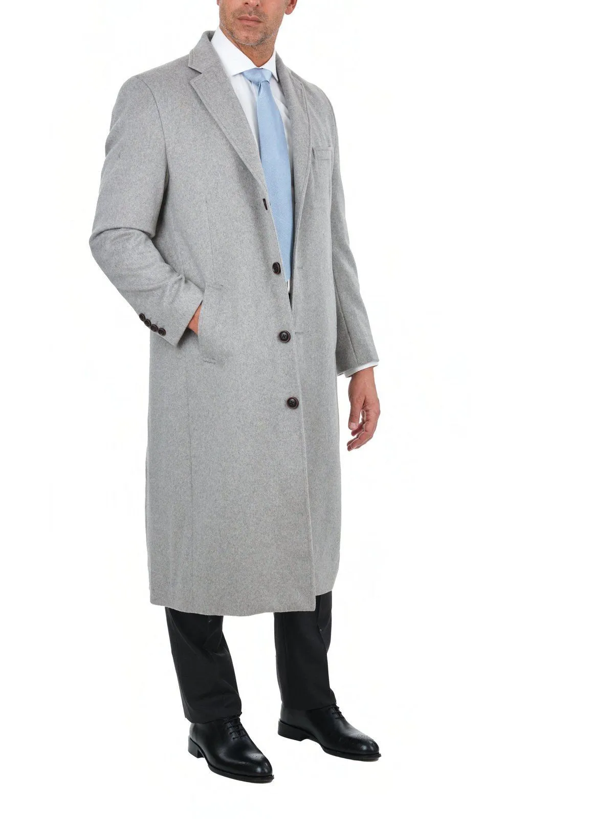 Mens Regular Fit Solid Light Gray Full Length Wool Cashmere Overcoat Top Coat