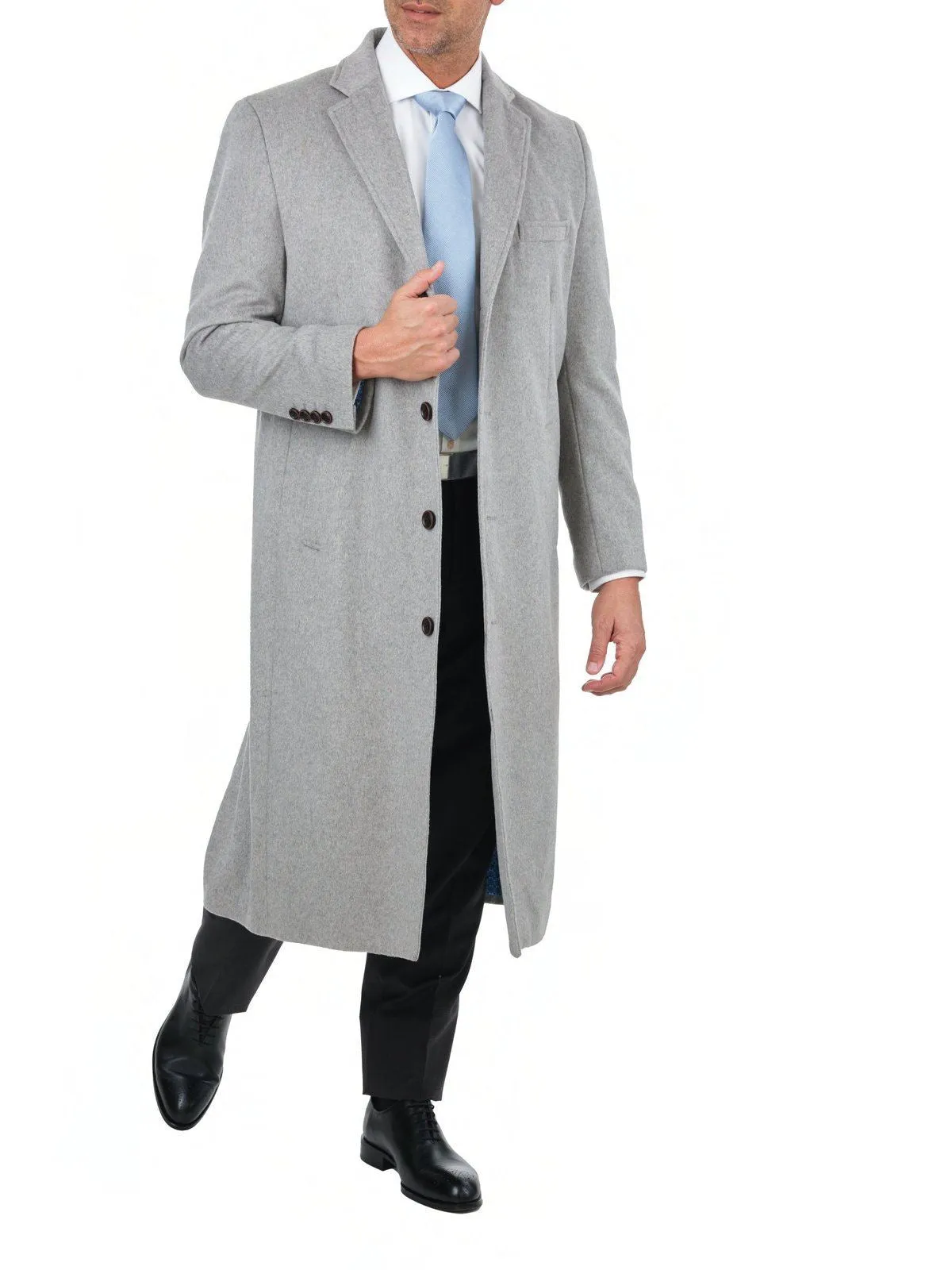 Mens Regular Fit Solid Light Gray Full Length Wool Cashmere Overcoat Top Coat