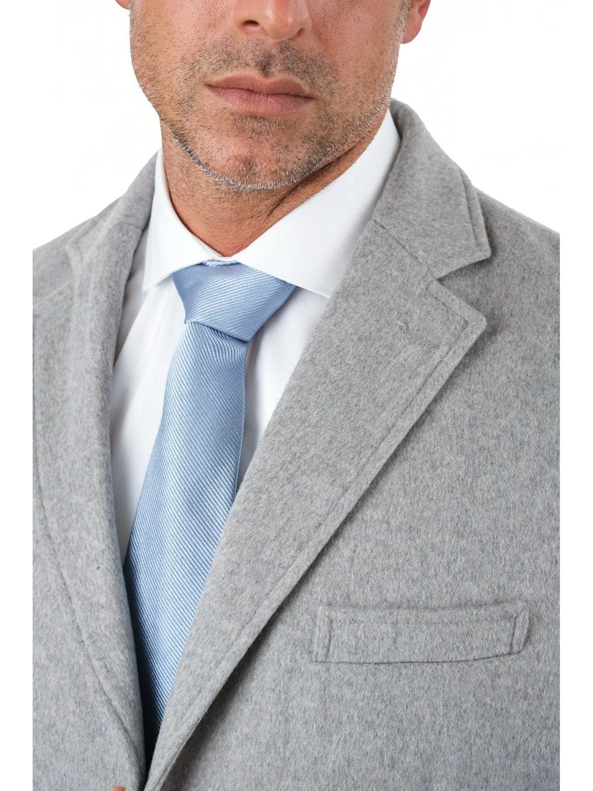 Mens Regular Fit Solid Light Gray Full Length Wool Cashmere Overcoat Top Coat