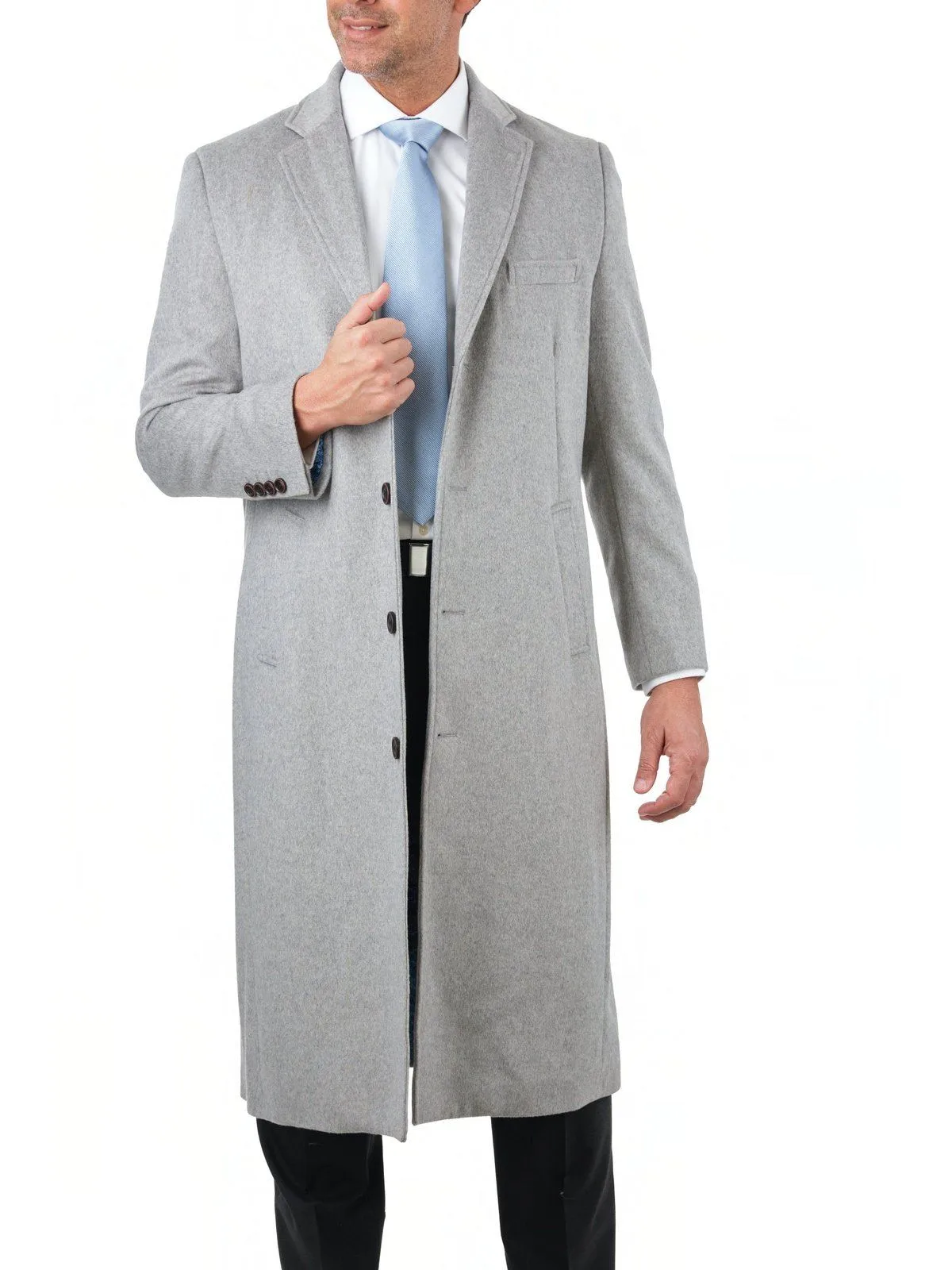 Mens Regular Fit Solid Light Gray Full Length Wool Cashmere Overcoat Top Coat