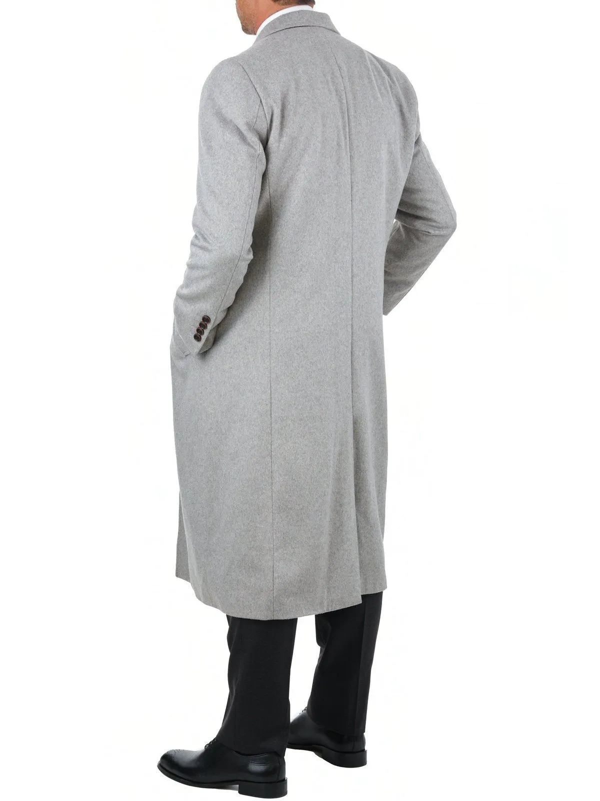 Mens Regular Fit Solid Light Gray Full Length Wool Cashmere Overcoat Top Coat
