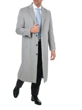 Mens Regular Fit Solid Light Gray Full Length Wool Cashmere Overcoat Top Coat