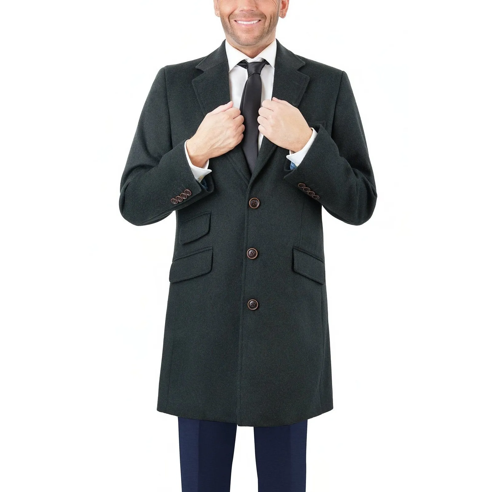 Men's Wool Cashmere Single Breasted Hunter Green 3/4 Length Car Coat Top Coat