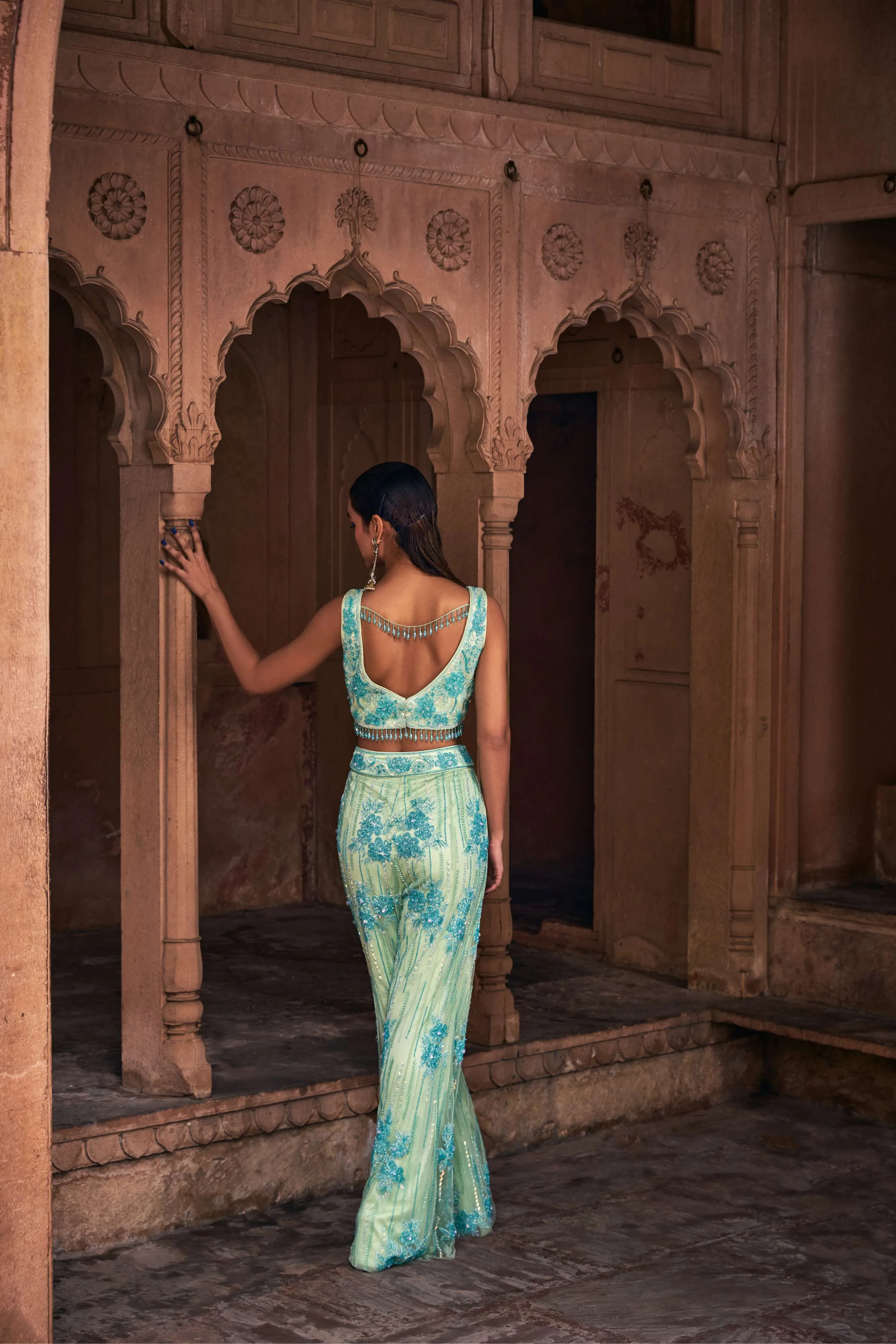 MINT GREEN FULL EMBROIDERED CAPE SET