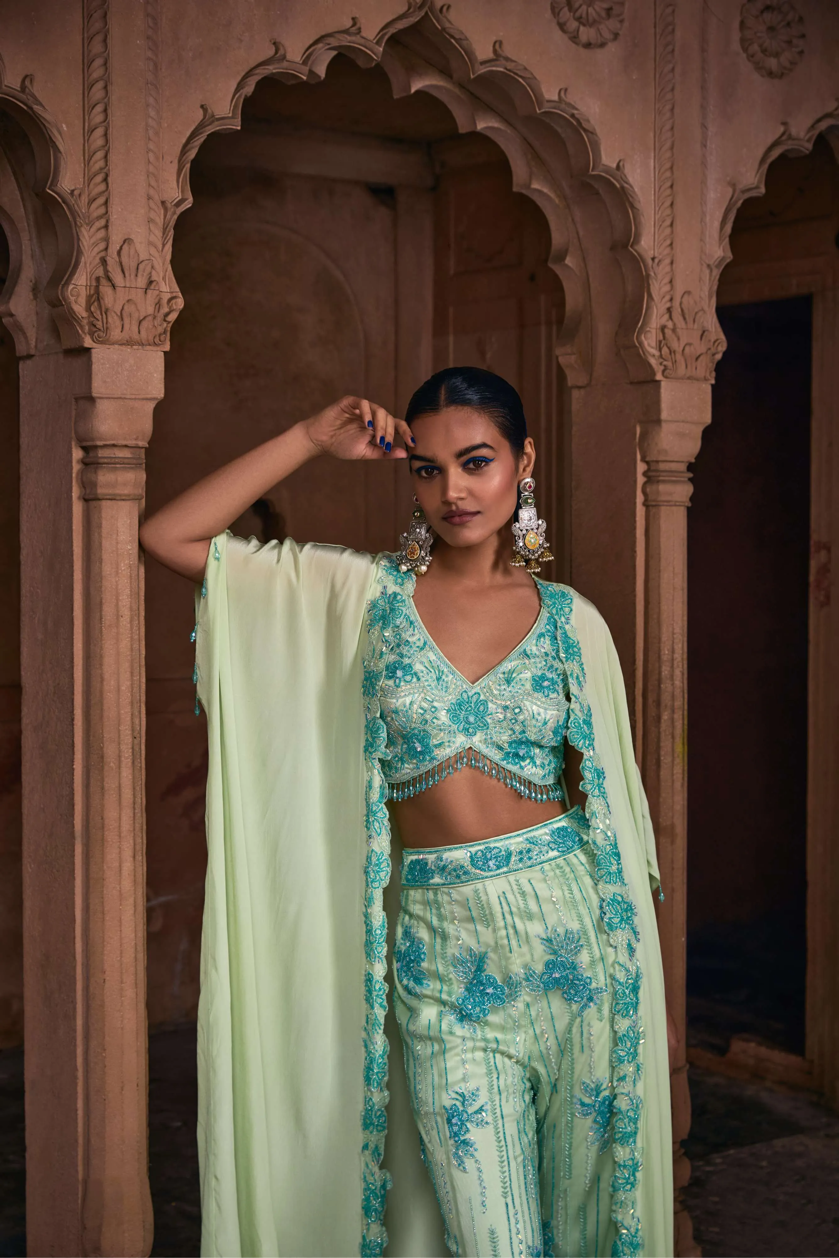 MINT GREEN FULL EMBROIDERED CAPE SET