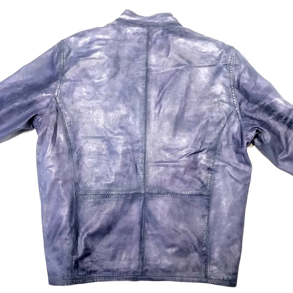 Missani Lambskin Leather Washed Denim Zip-up Jacket