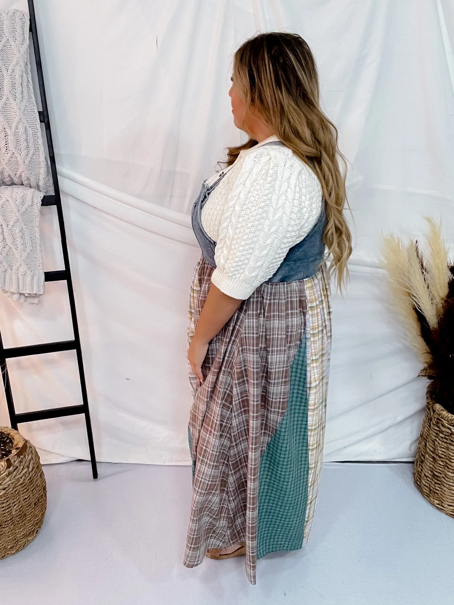 Mixed Plaid Overall Maxi Dress