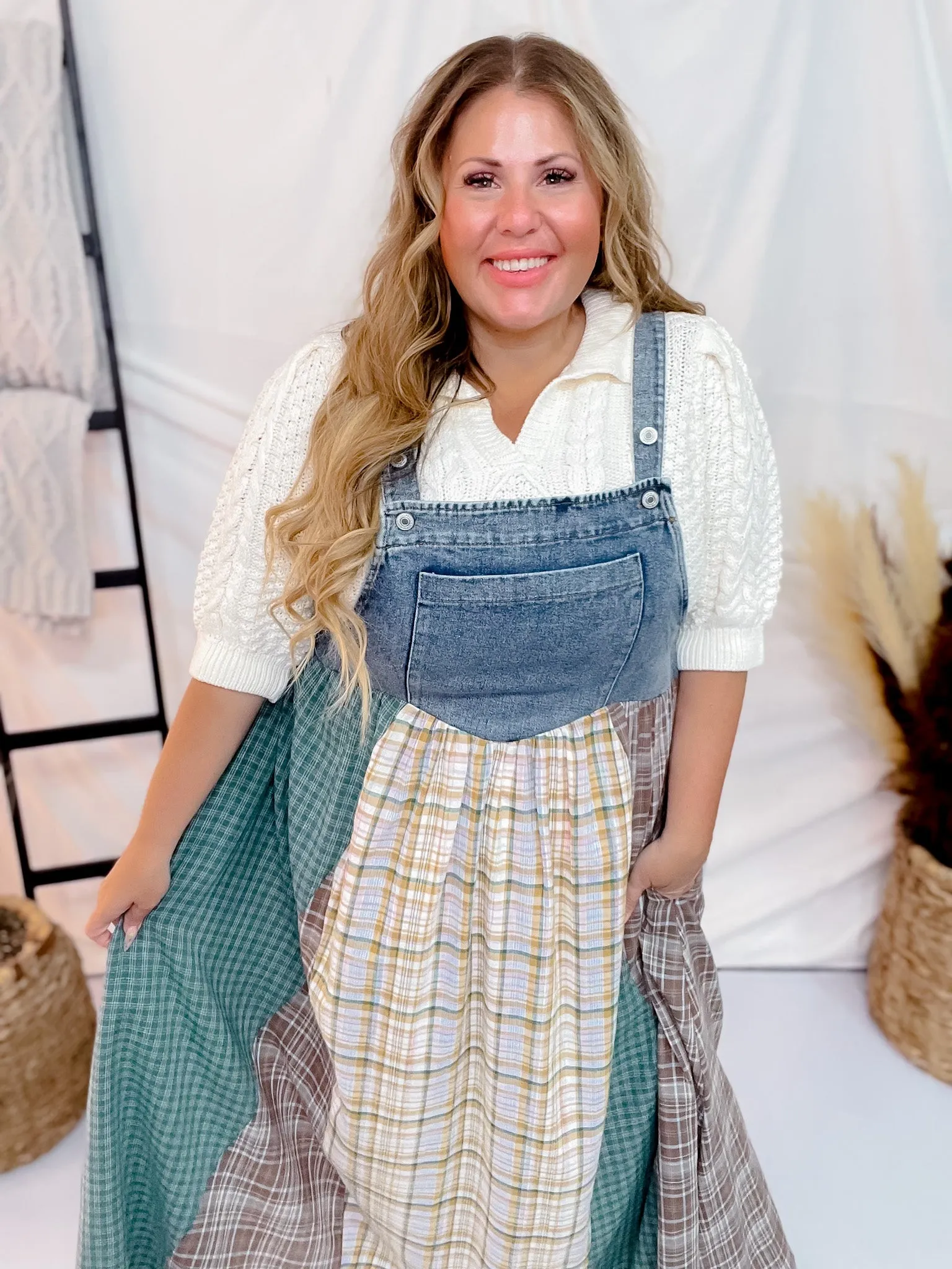 Mixed Plaid Overall Maxi Dress