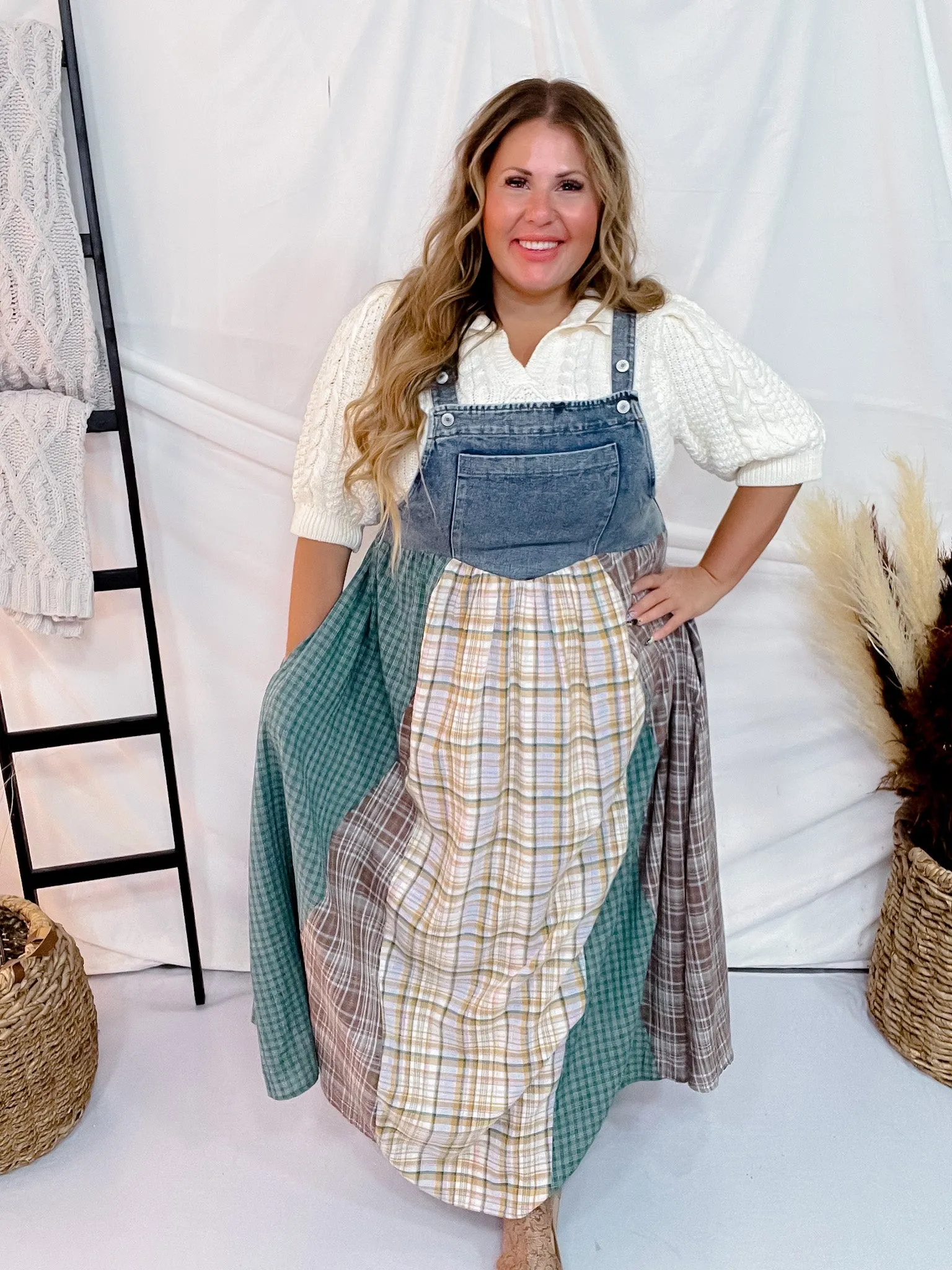 Mixed Plaid Overall Maxi Dress