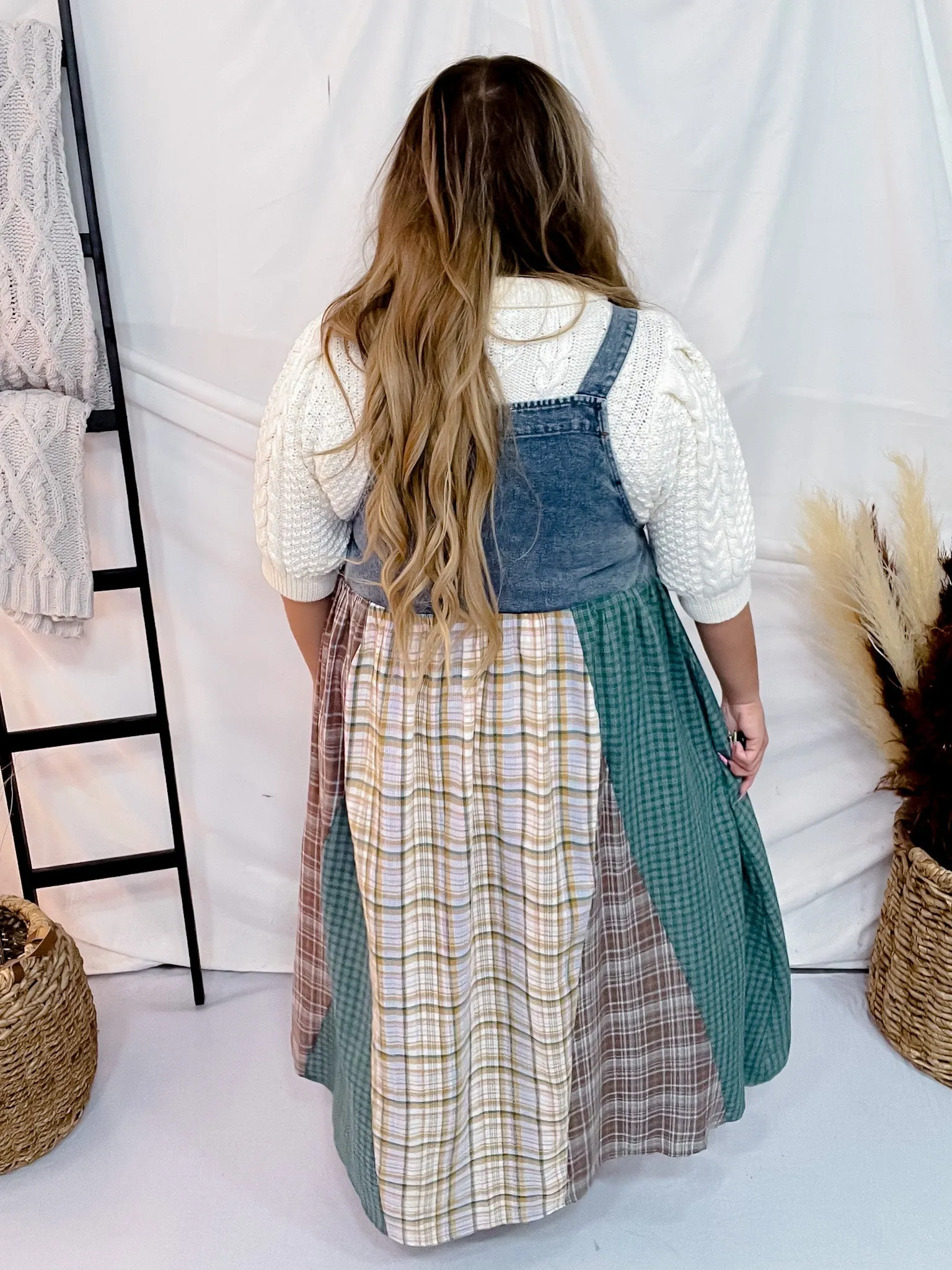 Mixed Plaid Overall Maxi Dress