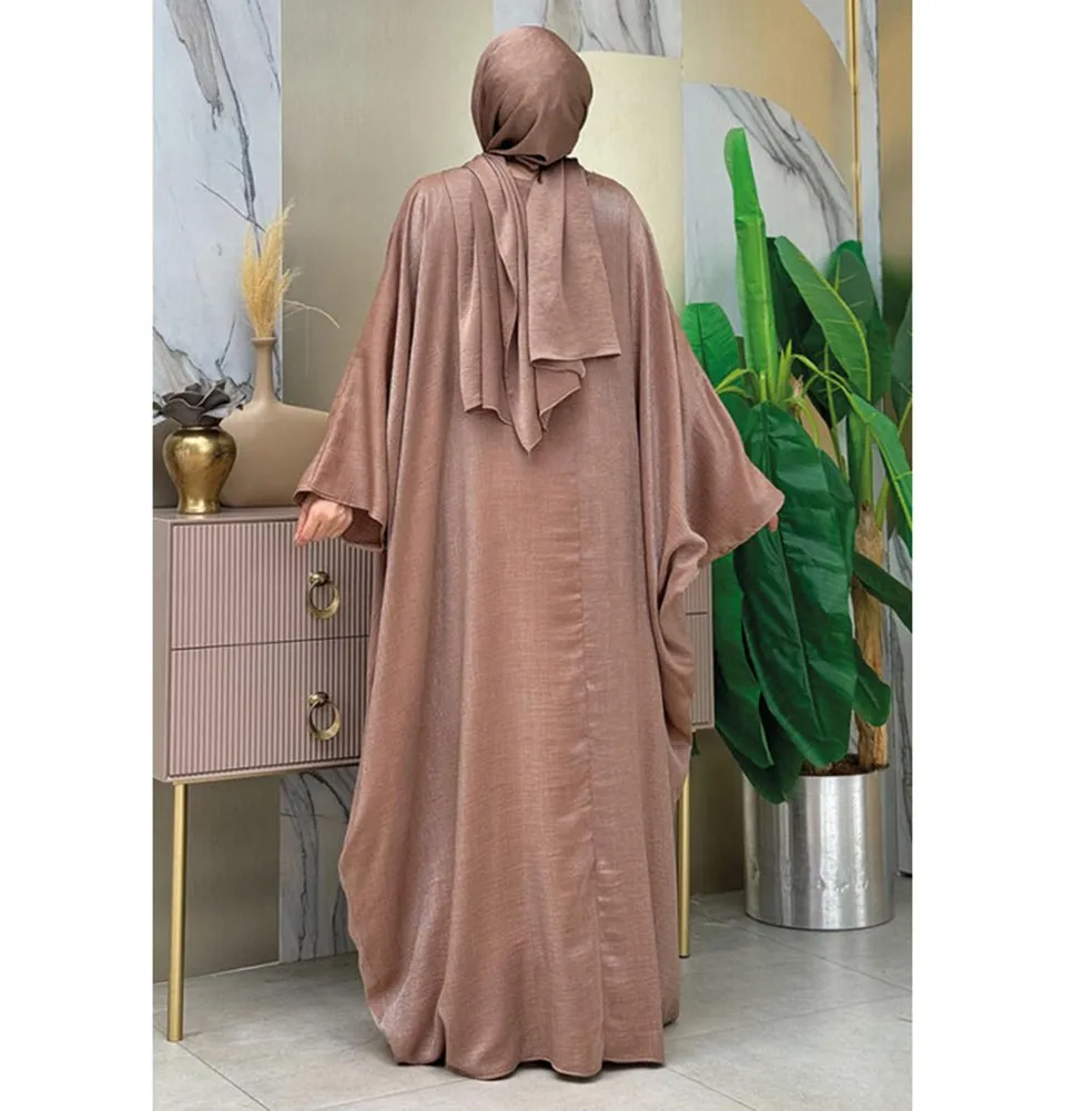 Modest Muslim Woman's Luxe Silk Kimono Two Piece Abaya - 8497 Mink