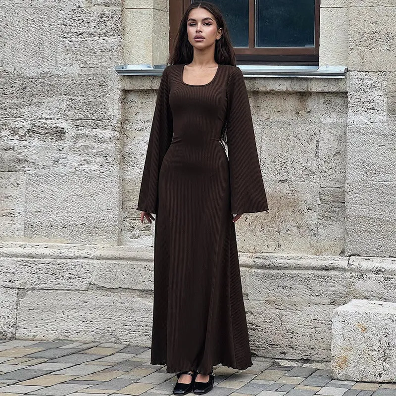 Nikki Ribbed Lace-up Long Sleeve Maxi Dress
