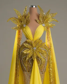Noemi Yellow Dress with Floral Design