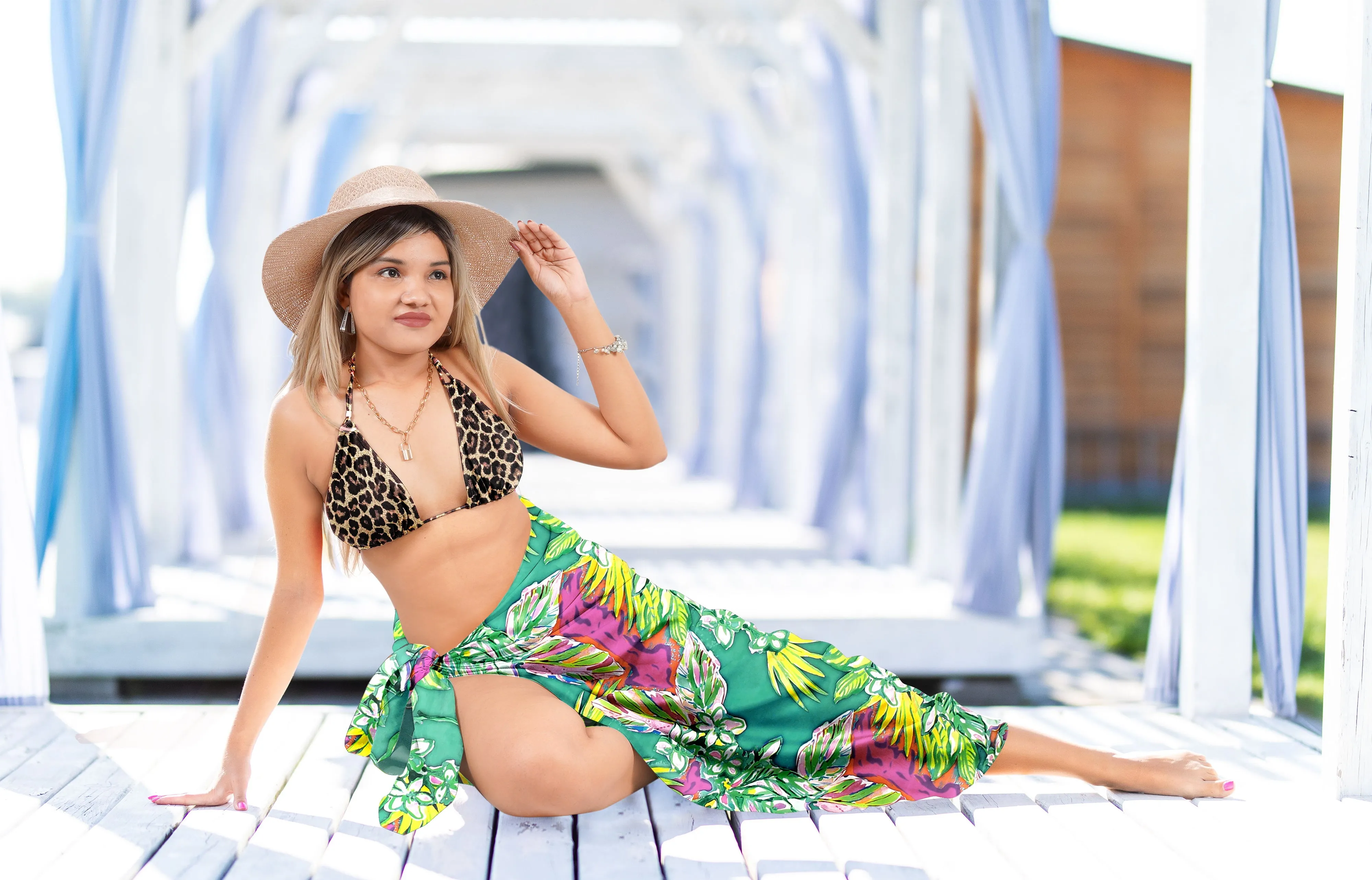 Non-Sheer Abstract Floral and Leaves Printed Beach Wrap For Women